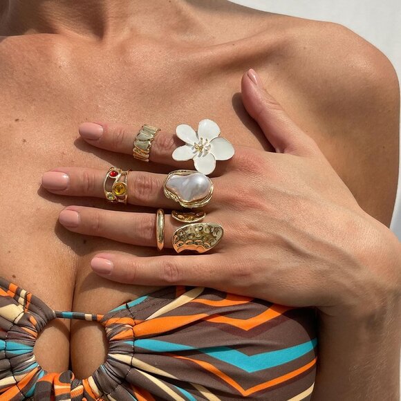 Women Gold Rings Set Pearl Flower Gemstone Stackable Knuckle Chunky Statement - Picture 4 of 7